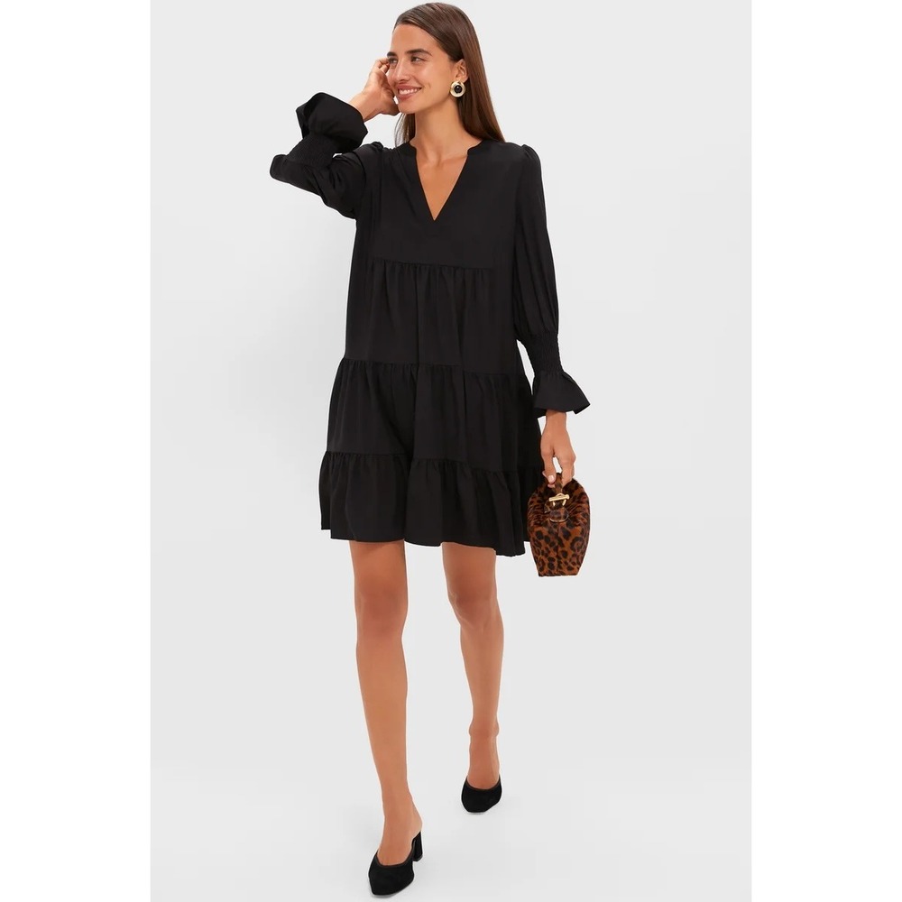 Pomander Place Black Tiered Mini Dress Long Puff Sleeve Smocked Cuff XS